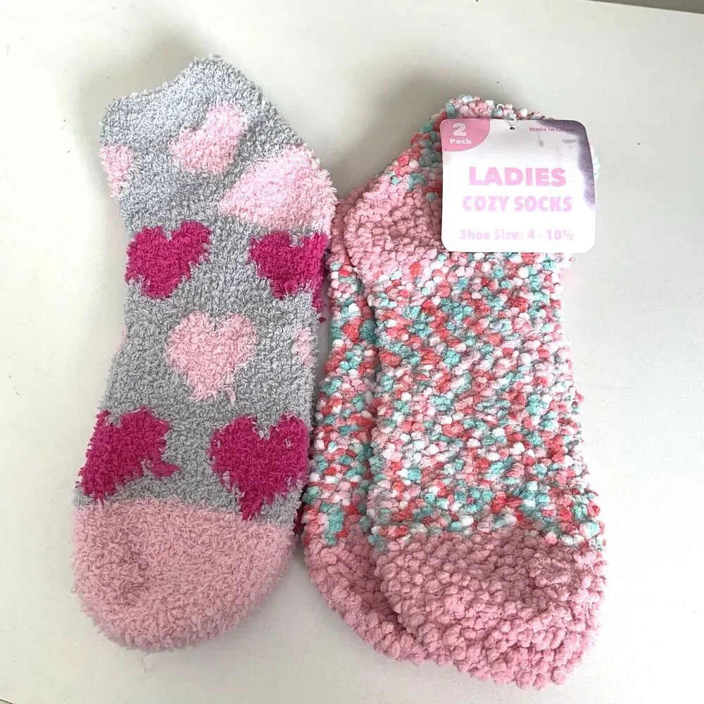 2 Pair Pkg Ladies Cozy Socks Shoe Size: 4- 10 1/2 Multi Pinks & Grays NWOT